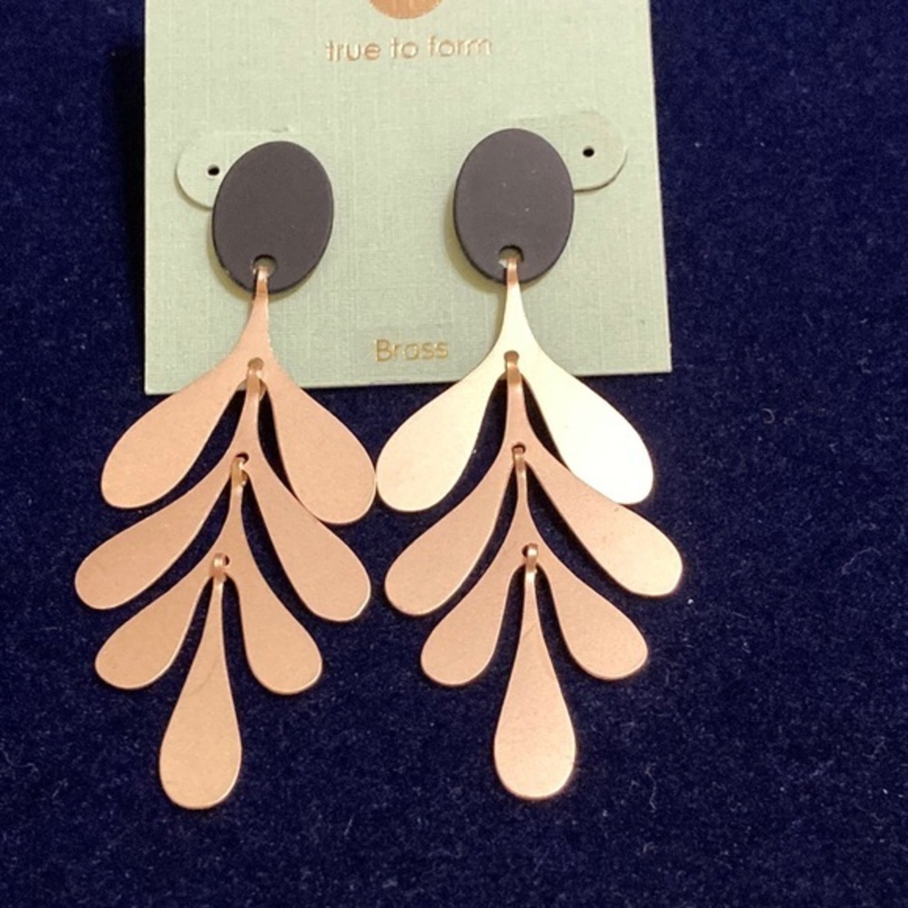 New True to Form brass and black coated metal leaf dangle earrings